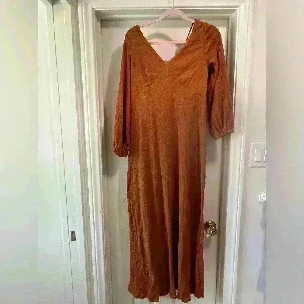 NEW FREE PEOPLE FP BEACH Sz LARGE AMALFI LONG SLEEVE V NECK MAXI DRESS - Picture 3 of 8